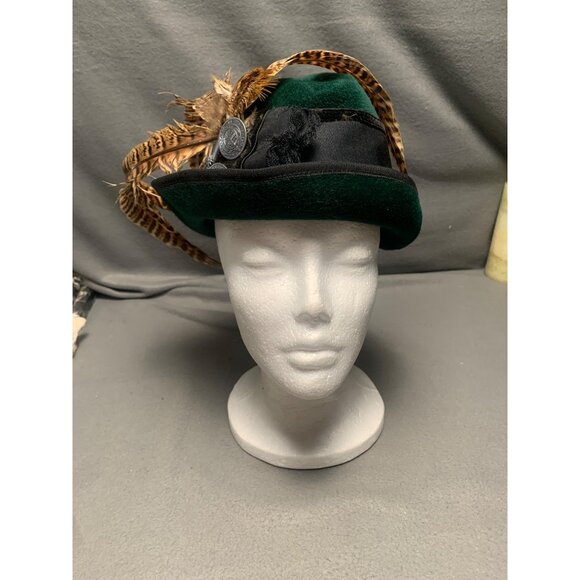 Tyrolean Green Felt Fedora Hat With Feather & Button Accents Size 22 - Picture 11 of 12